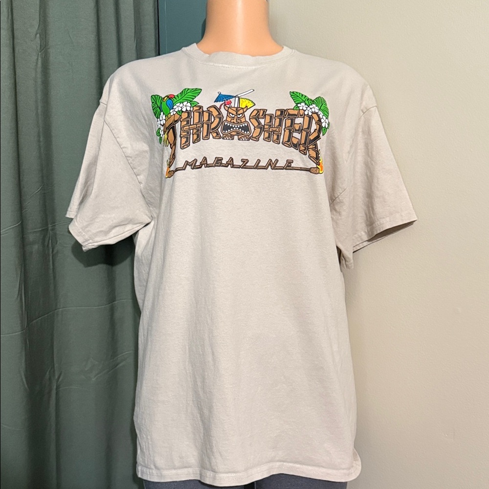 Thrasher Magazine White T-Shirt with Tropical Design